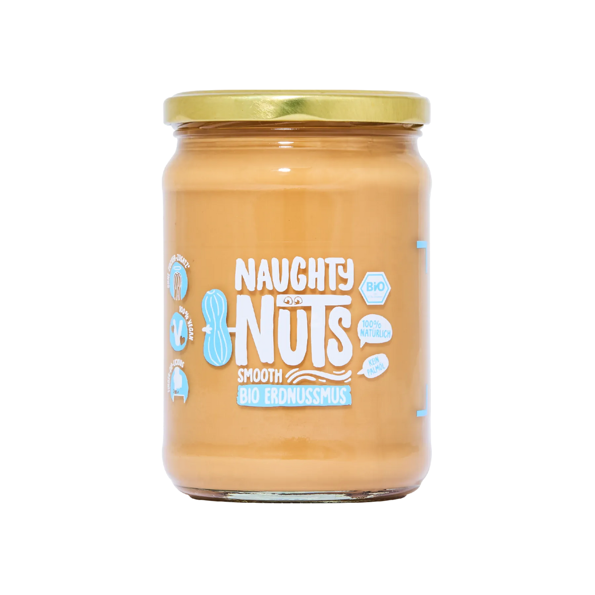 Bio Erdnussmus Smooth im 500g Glas mit goldfarbenem Deckel