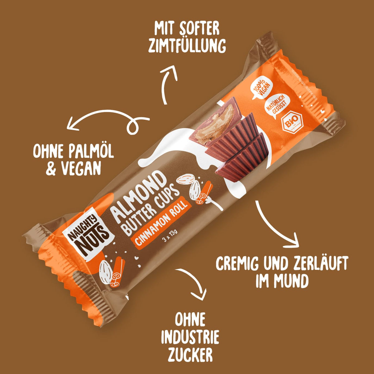 Bio Almondbutter Cups Cinnamon Roll Packung mit Zimtfüllung, 100% vegan, natürlich gesüsst, Bio-Siegel