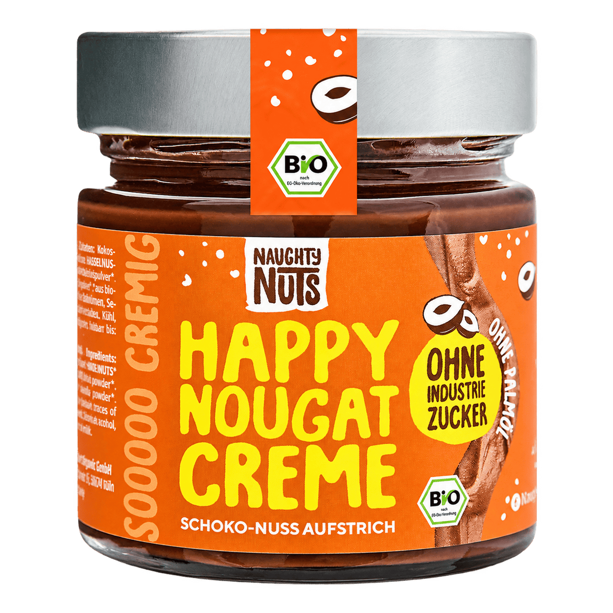 Happy Nougat Creme Schoko-Nuss Aufstrich im Glas mit orangefarbenem Etikett