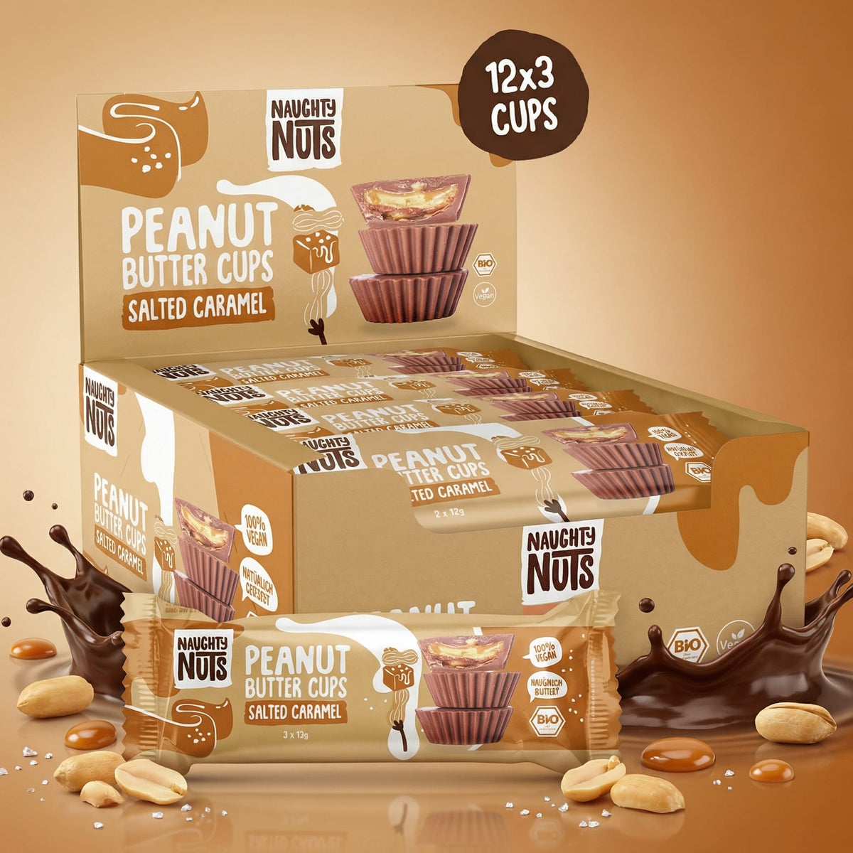Bio Peanut Butter Cups Salted Caramel in einer Packung mit 12x3 Cups