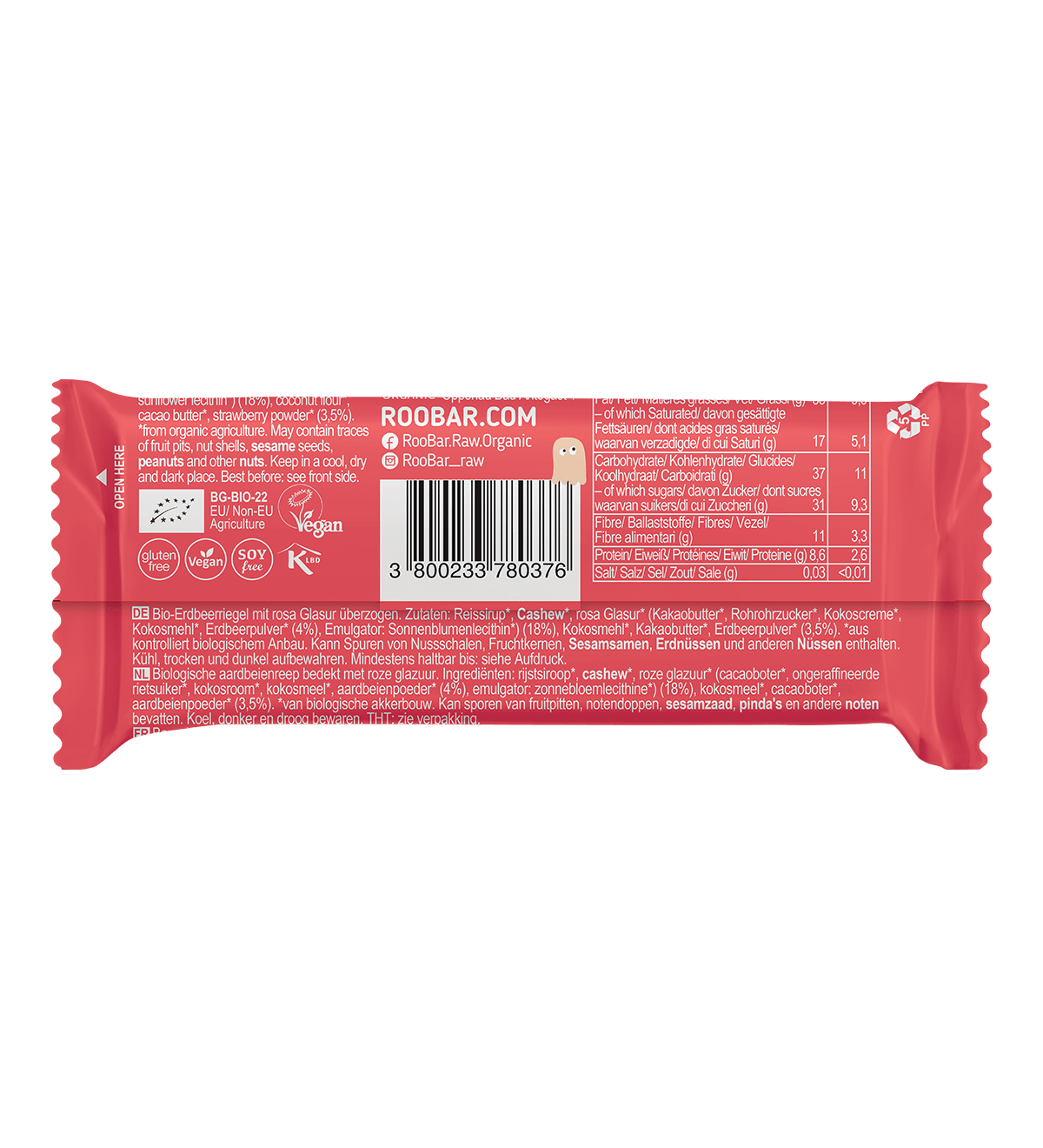 Roobar Schoko-Riegel Bio Riegel mit rosa Schokolade und Erdbeeren