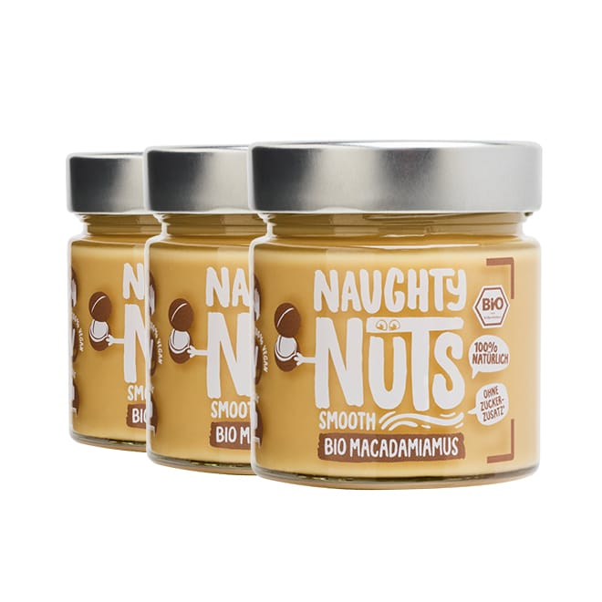 Drei Gläser Bio Macadamiamus Smooth mit silbernen Deckeln und gelben Etiketten