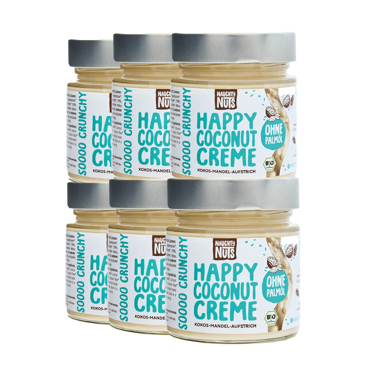 Sechs Gläser Happy Coconut Creme von Naughty Nuts, Kokos-Mandel-Aufstrich ohne Palmöl
