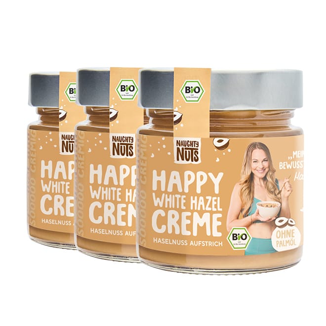 Drei Gläser Happy White Hazel Creme Haselnussaufstrich mit Bio-Siegel und einer Frau auf dem Etikett