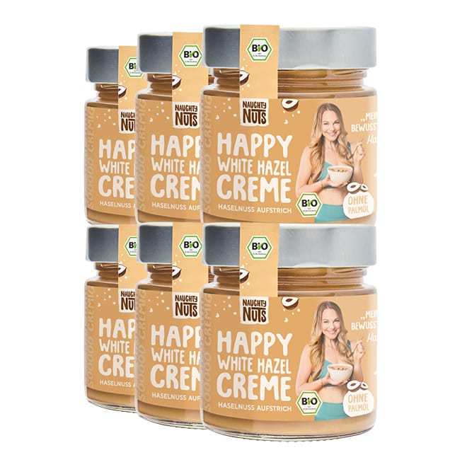 Sechs Gläser Happy White Hazel Creme von Naughty Nuts