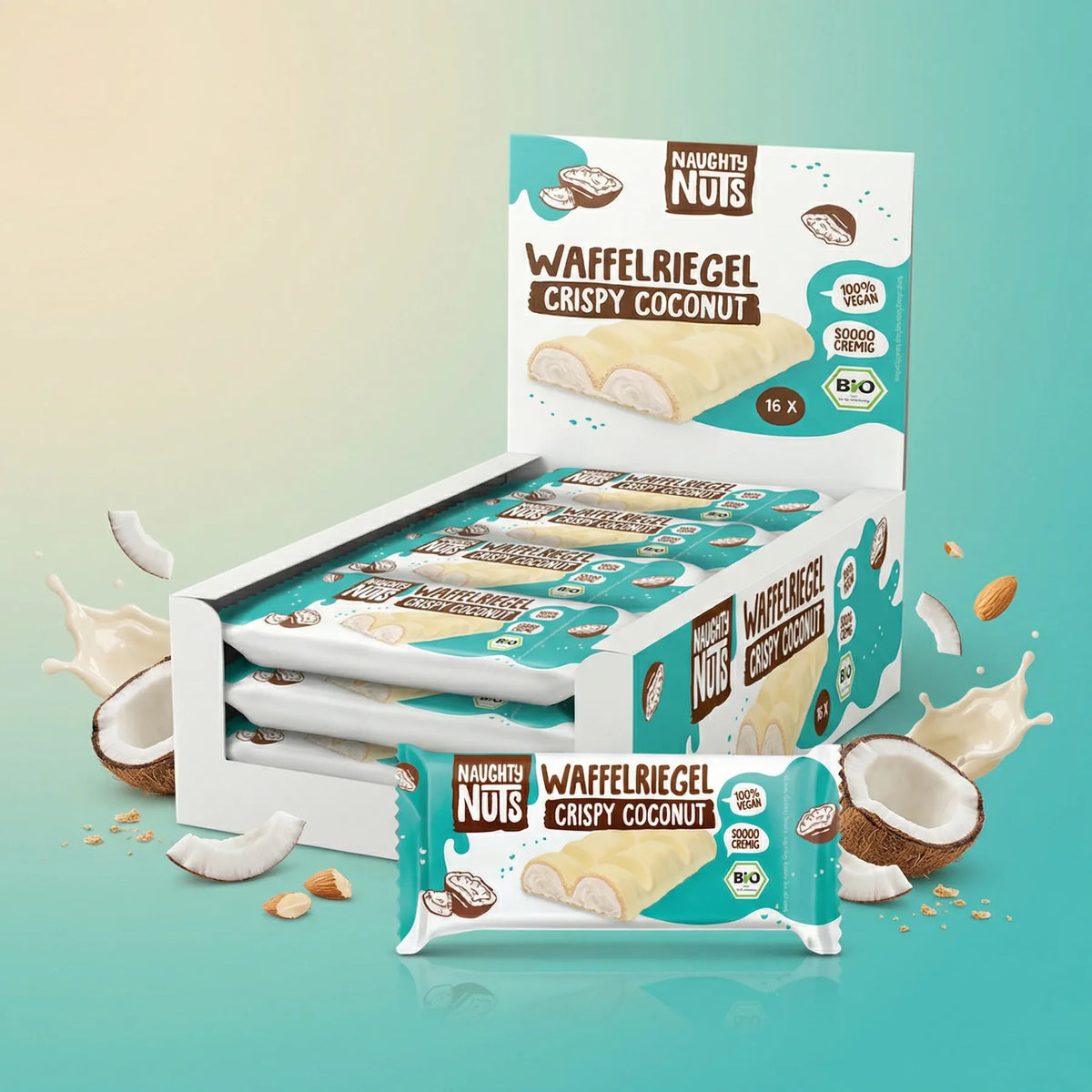 Bio Schoko-Waffelriegel Crispy Coconut Displaybox mit 16 Riegeln, Kokosnuss und Mandeln