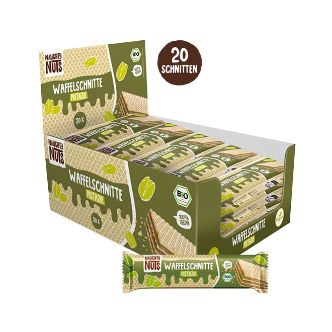 Bio Waffelschnitte Pistazie 20er-Packung mit einer einzelnen Waffelschnitte davor