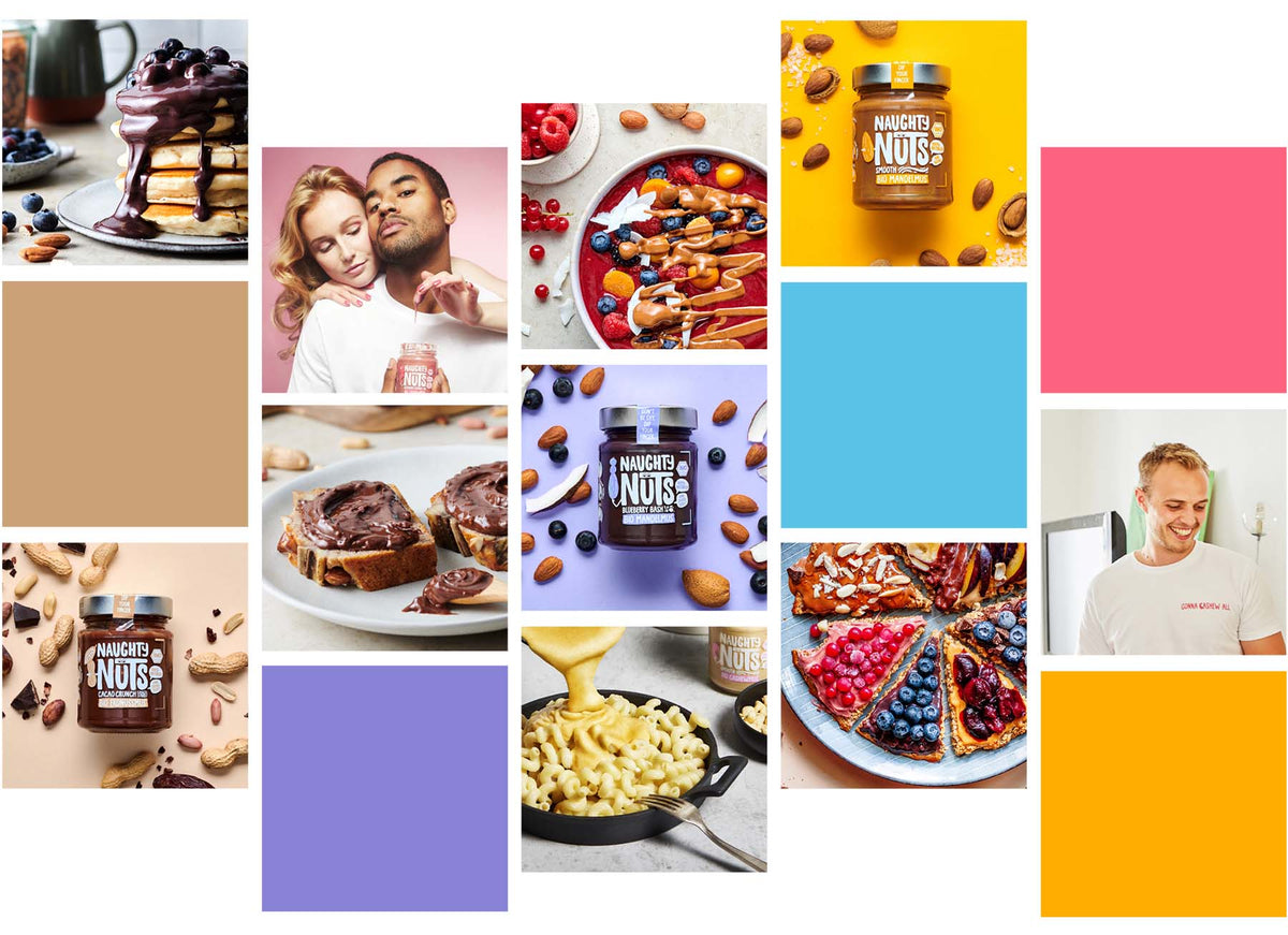 Eine Collage aus Naughty Nuts Produkten und Gerichten, darunter Pfannkuchen, Toast, Smoothie-Bowls und Makkaroni