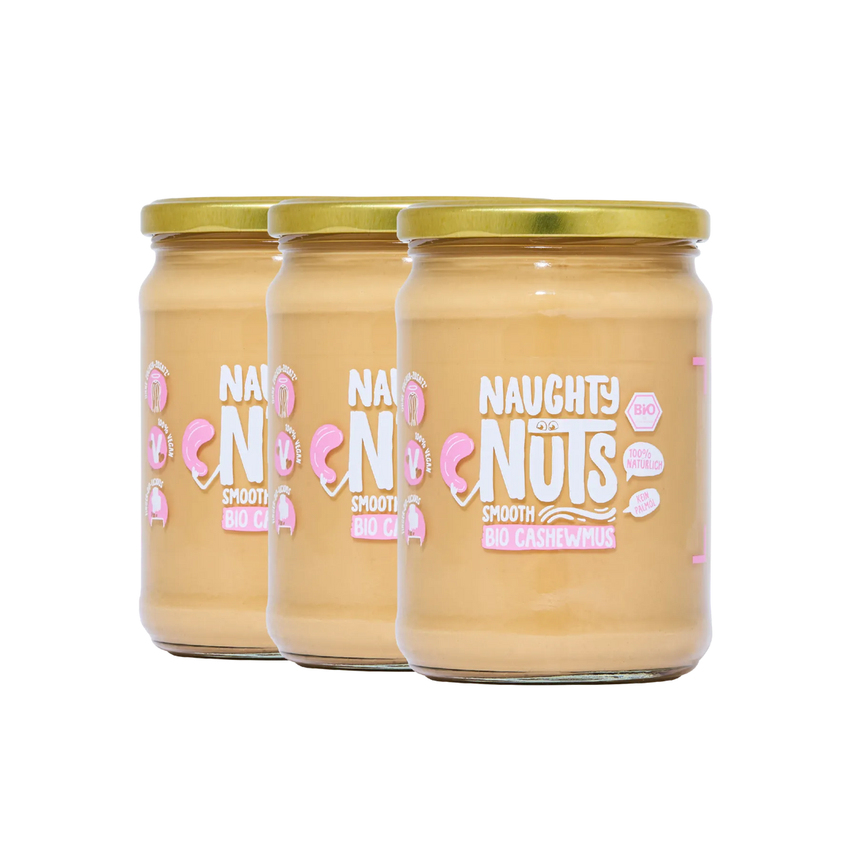 Drei Gläser Bio Cashewmus Smooth mit goldenem Deckel vor weißem Hintergrund
