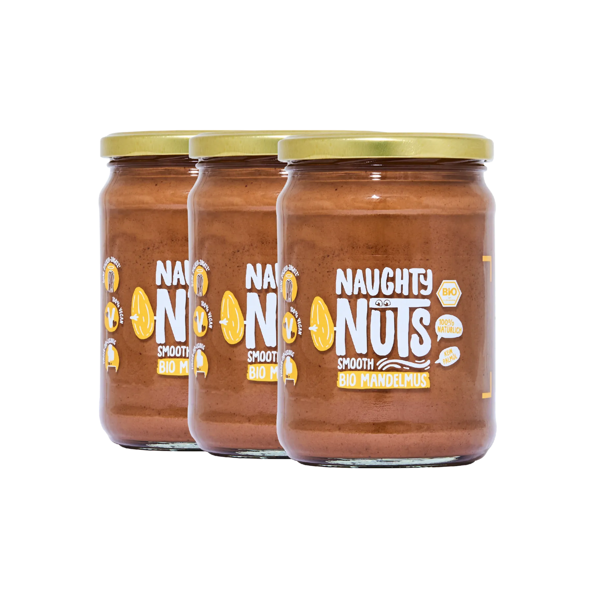 Drei Gläser Bio Mandelmus Smooth von Naughty Nuts vor weißem Hintergrund