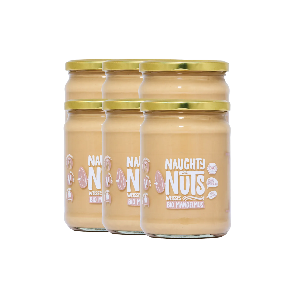 Sechs Gläser Bio Weißes Mandelmus von Naughty Nuts angeordnet in zwei Reihen