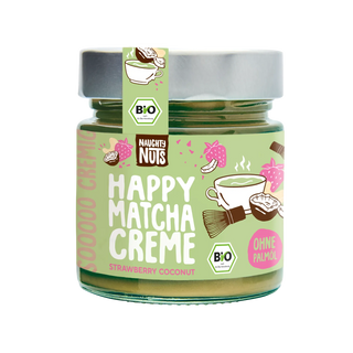 Happy Matcha Creme Erdbeer Kokos Aufstrich in einem Glas mit Bio-Siegel und ohne Palmöl