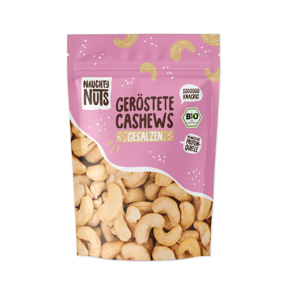 Geröstete Cashews gesalzen in rosa Verpackung mit Naughty Nuts Logo