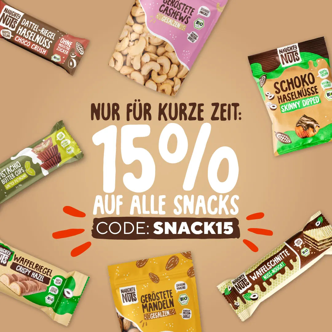 Naughty Nuts Snack-Angebot mit 15% Rabatt auf alle Snacks und Code SNACK15