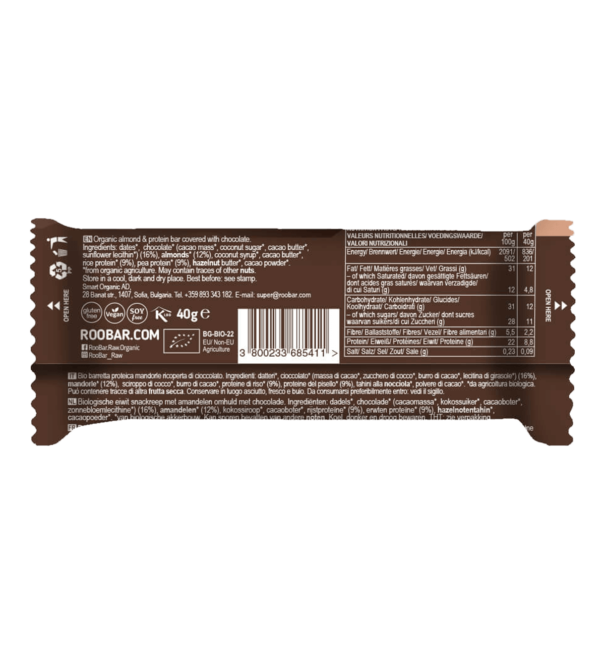 Roobar Schoko-Riegel Bio Protein Schokoriegel mit Mandeln