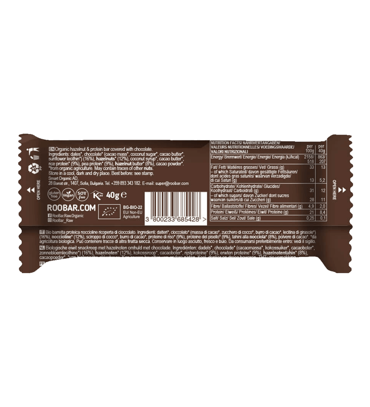 Roobar Schoko-Riegel Bio Protein Schokoriegel mit Haselnuss