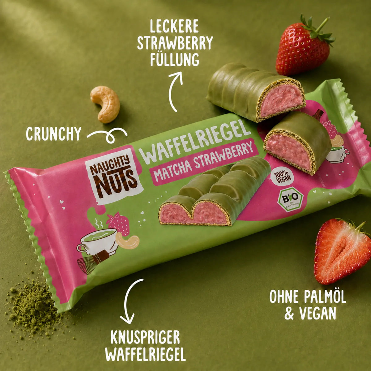 Naughty Nuts Waffelriegel Matcha Strawberry mit Erdbeerfüllung, Cashew und Matcha-Pulver