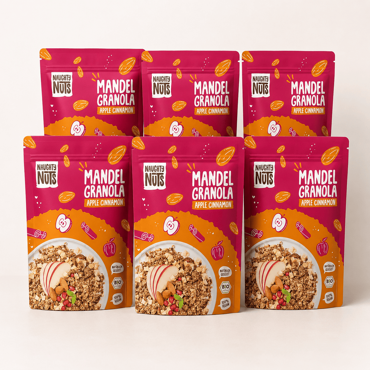 Sechs Packungen Bio Mandel Granola Apple Cinnamon