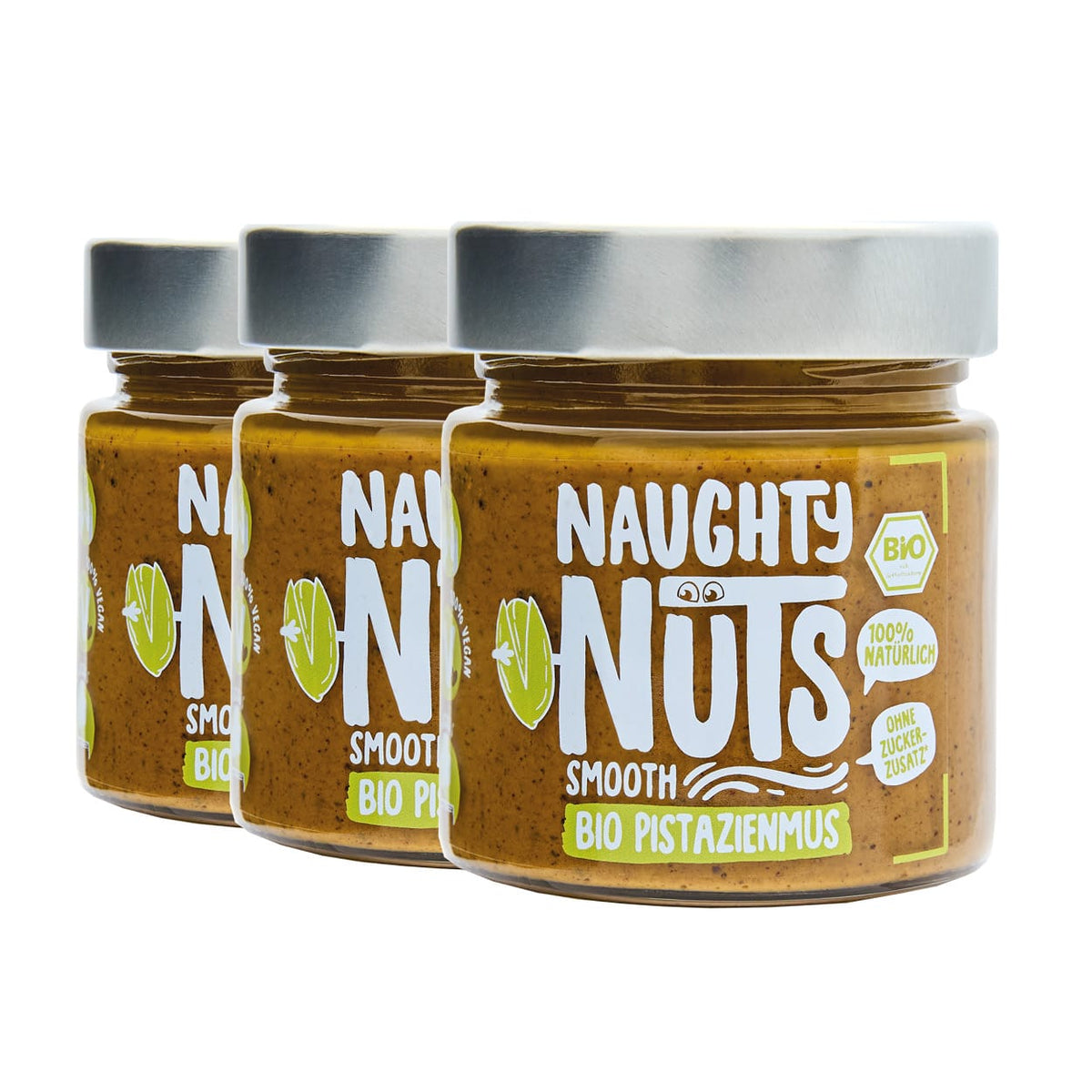 Drei Gläser Bio Pistazienmus Smooth von Naughty Nuts