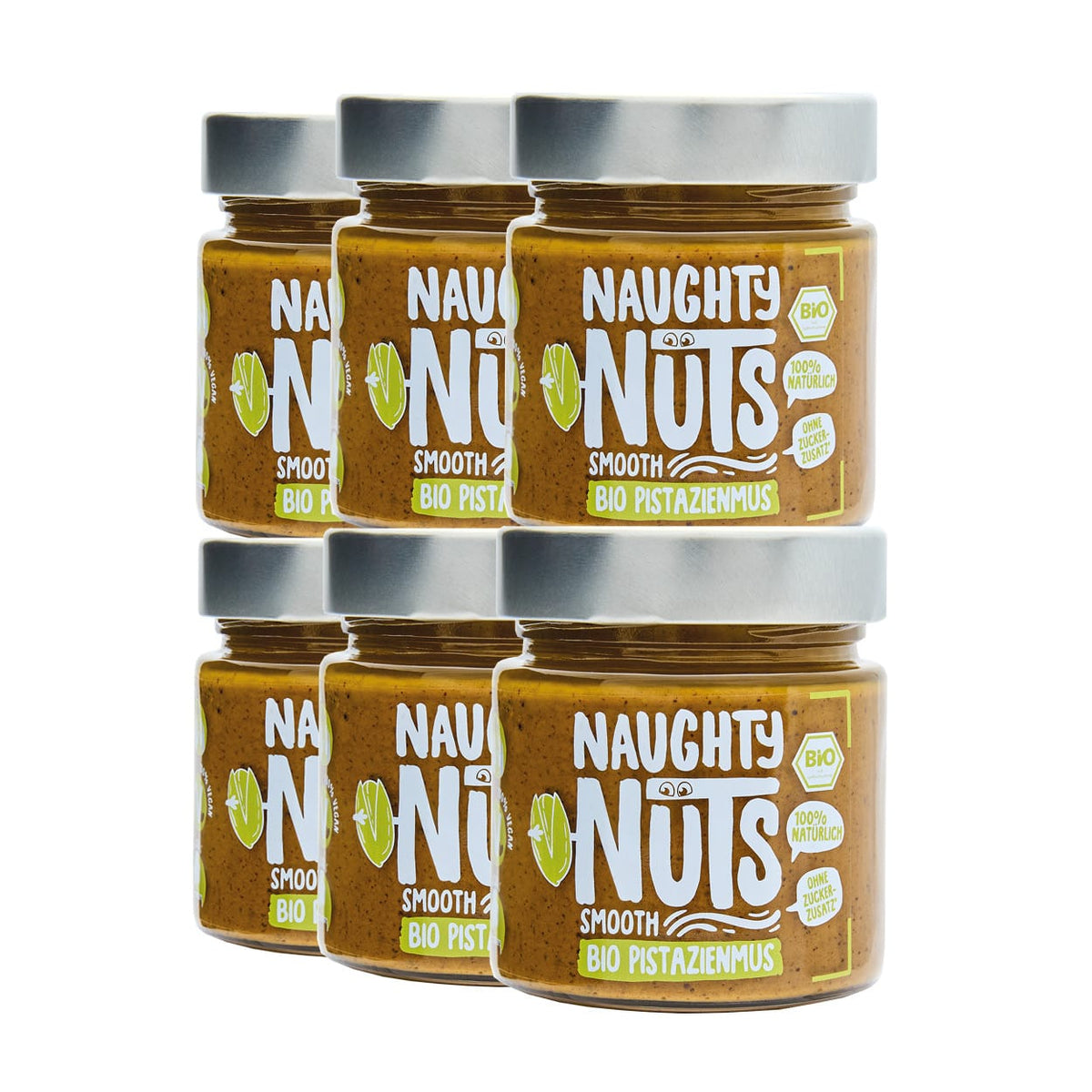 Sechs Gläser Bio Pistazienmus Smooth von Naughty Nuts