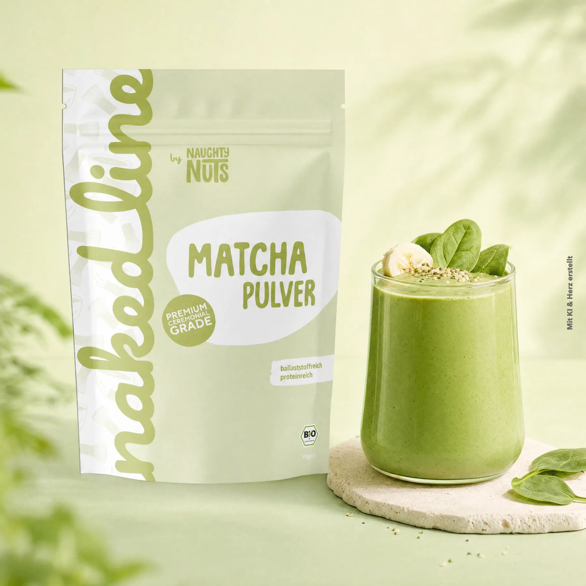 Naughty Nuts Matcha Pulver Beutel neben einem Glas mit grünem Smoothie garniert mit Bananenscheibe und Spinatblättern