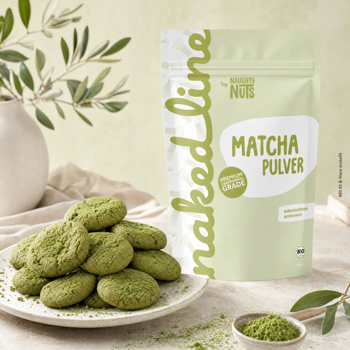 Matcha Pulver in einer Standbodenbeutel Verpackung neben einem Teller mit grünen Matcha Keksen