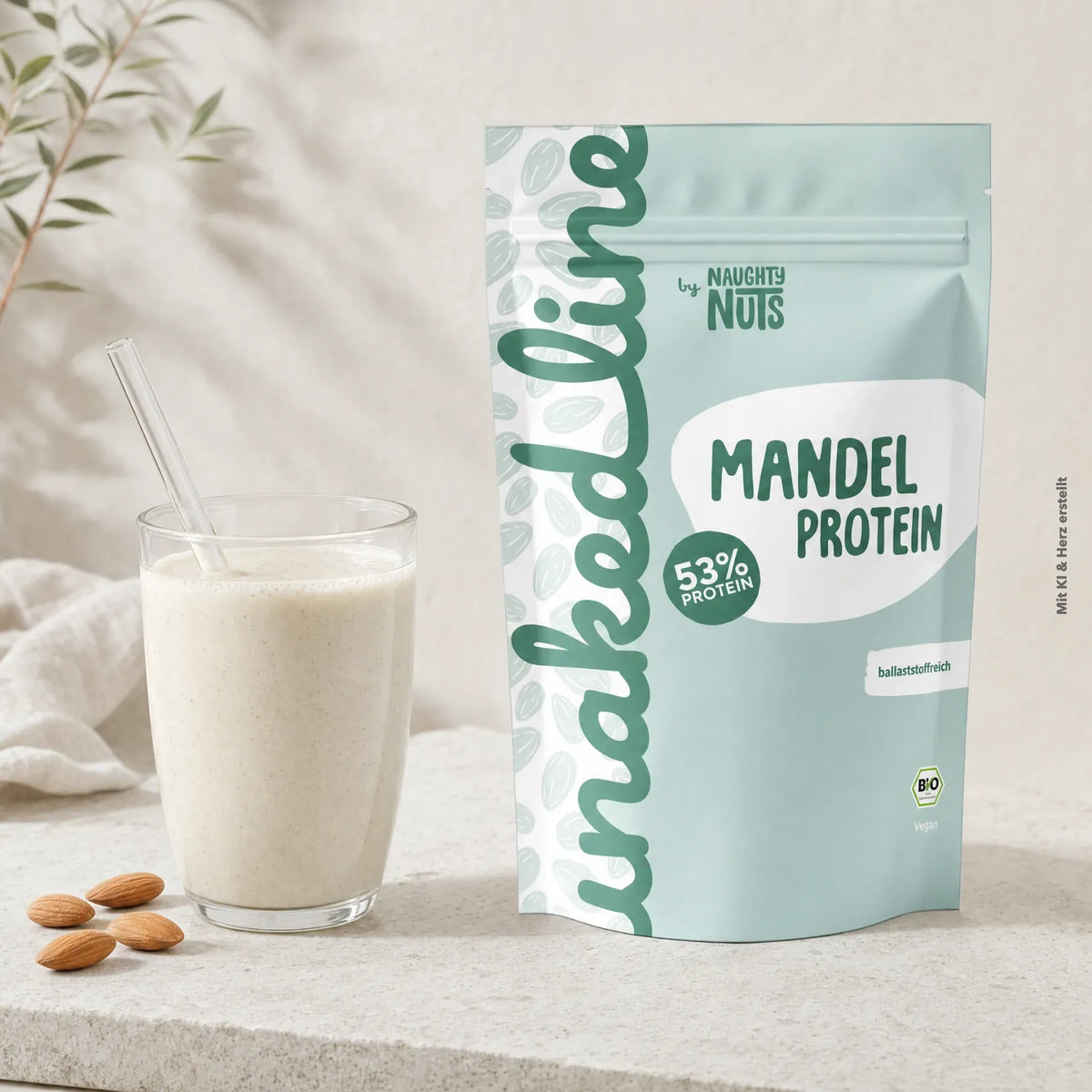 Mandel Protein Beutel neben einem Glas mit Proteinshake und einzelnen Mandeln auf einem Tisch