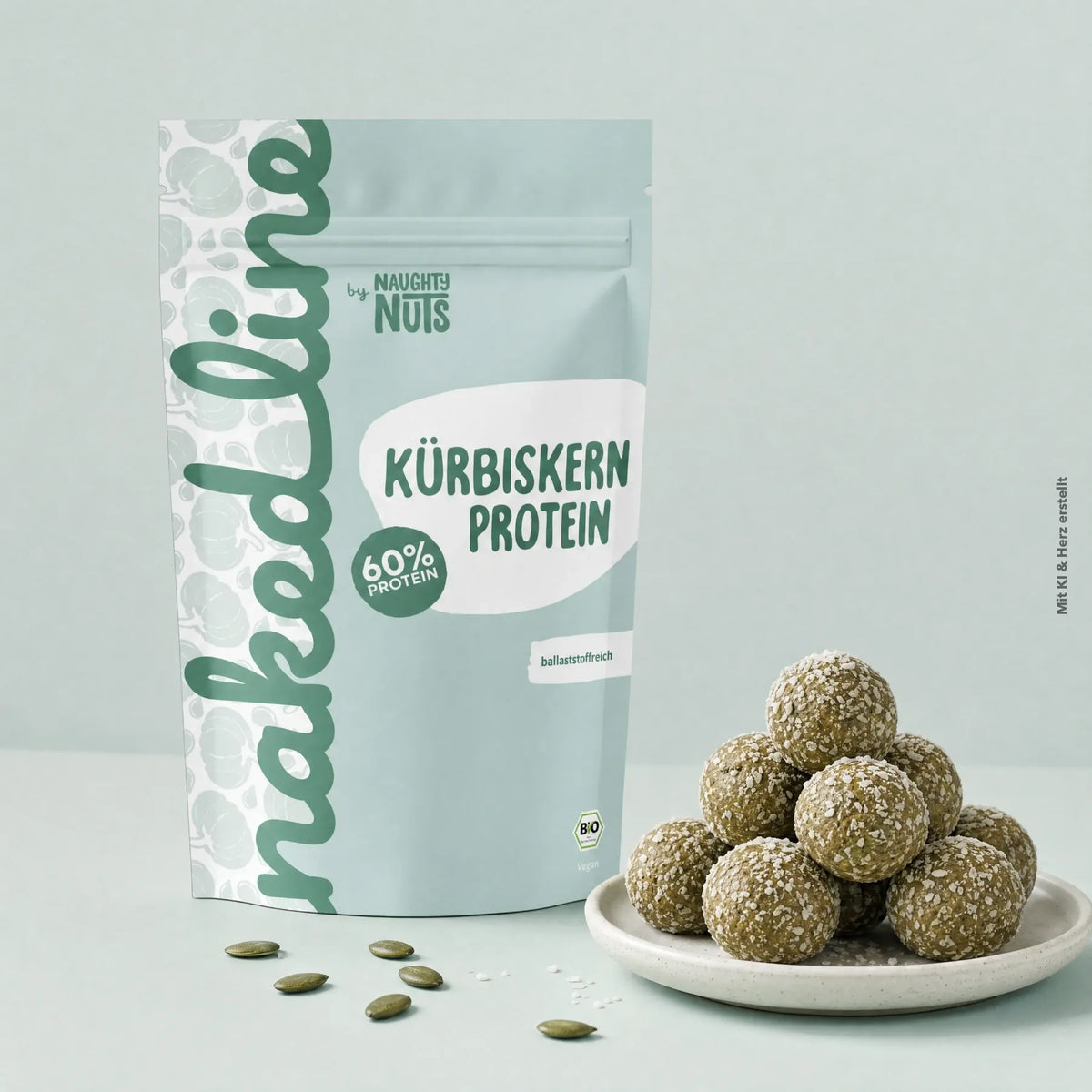 Verpackung von Kürbiskern Protein mit einem Teller voller grüner Proteinkugeln