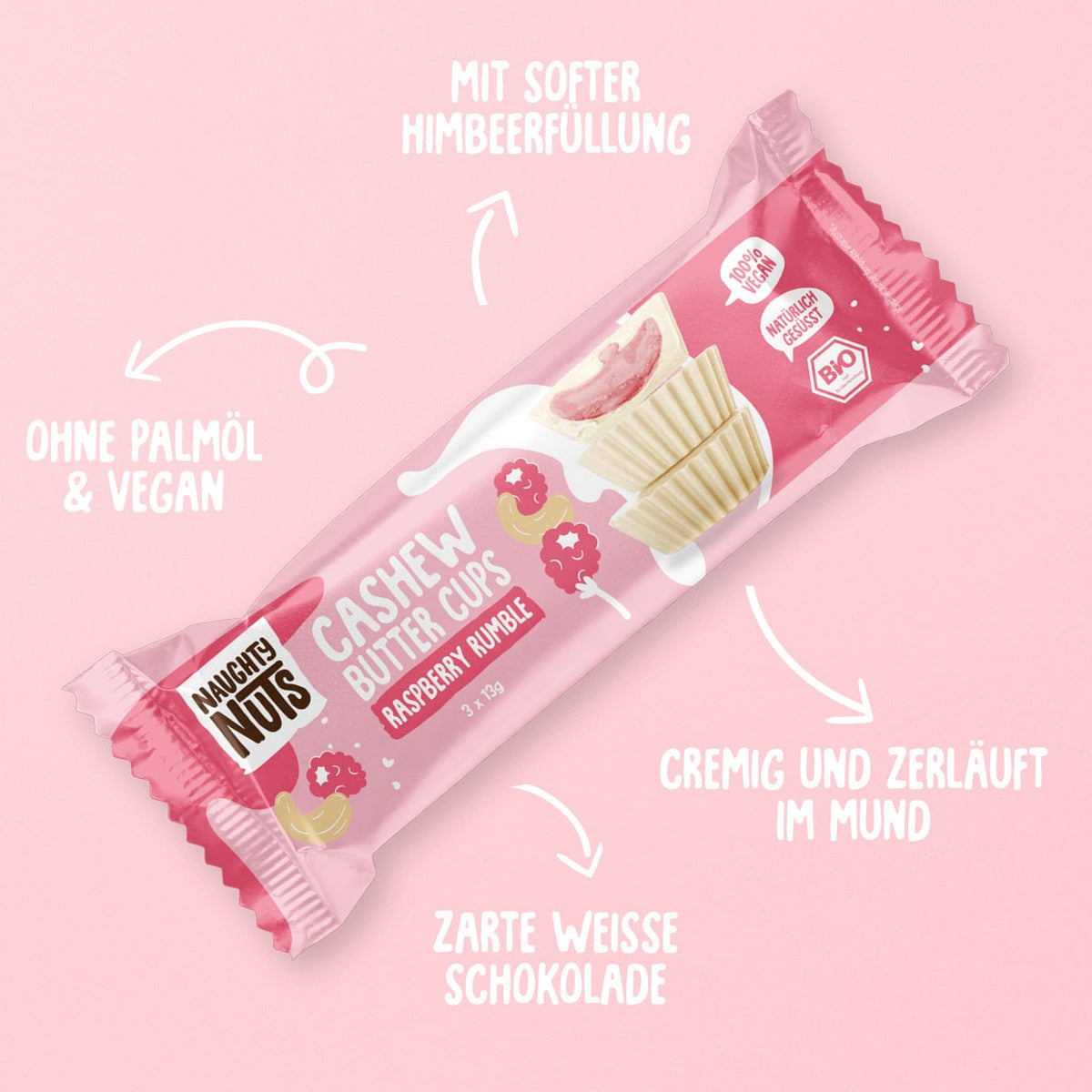 Bio Cashew Butter Cups Raspberry Rumble Packung mit Himbeerfüllung und weißer Schokolade