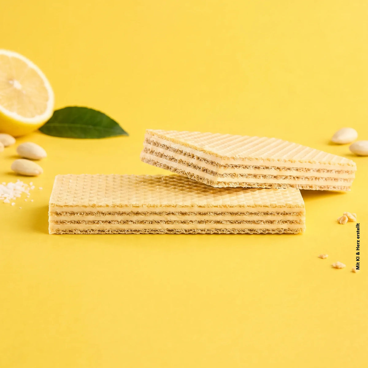 Bio Waffelschnitte Zitrone mit Zitronenhälfte und Mandeln auf gelbem Hintergrund