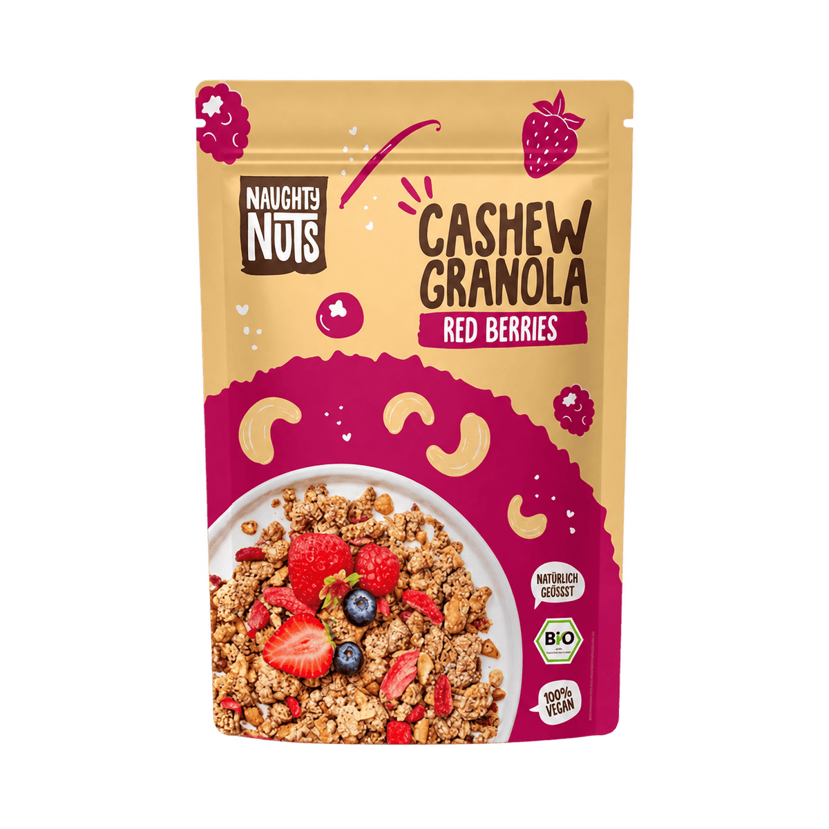 Bio Cashew Granola Red Berries – pcs, freigestellt, transparenter Hintergrund