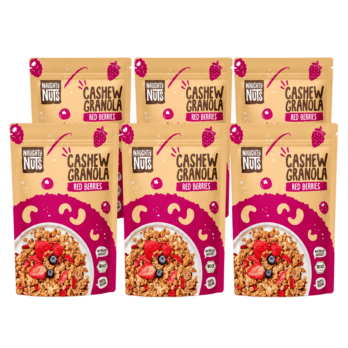 Bio Cashew Granola Red Berries – Box, freigestellt, transparenter Hintergrund