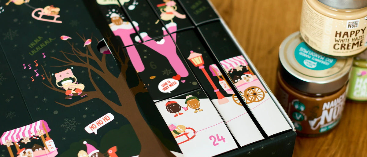 Naughty Nuts Adventskalender mit weihnachtlichen Illustrationen und Gläsern mit Nussmus