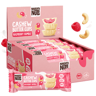 Bio Cashew Butter Cups Raspberry Rumble in Verpackung, mit Himbeeren und Cashewkernen