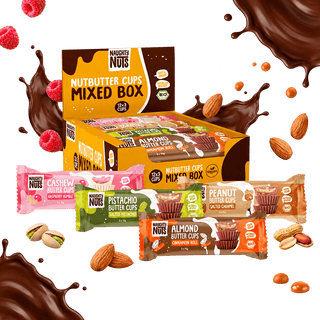 Bio Nutbutter Cups Mixed Box mit Schokoladenspritzern, Himbeeren, Mandeln, Pistazien und Erdnüssen