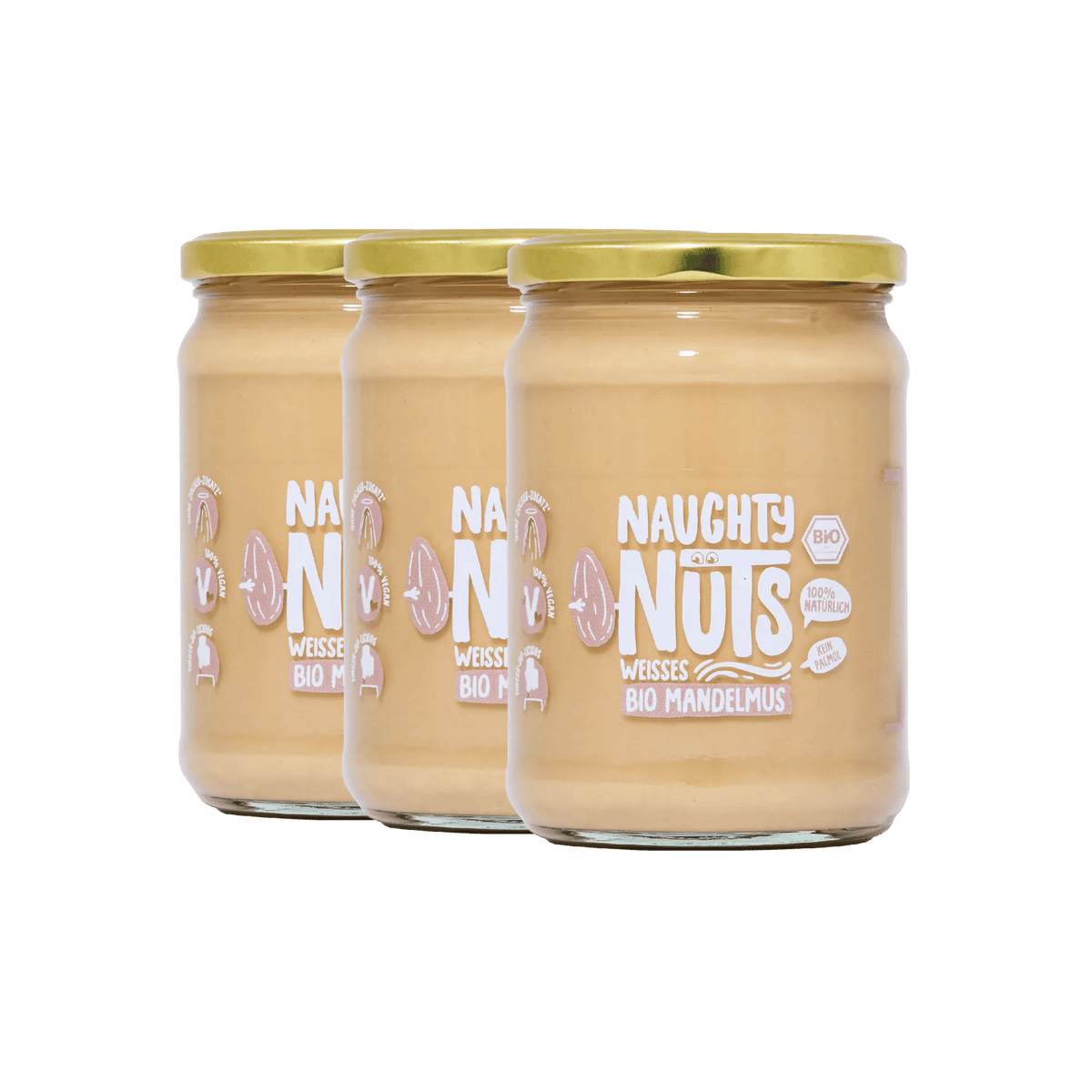Drei Gläser Bio Weißes Mandelmus von Naughty Nuts mit goldenem Deckel