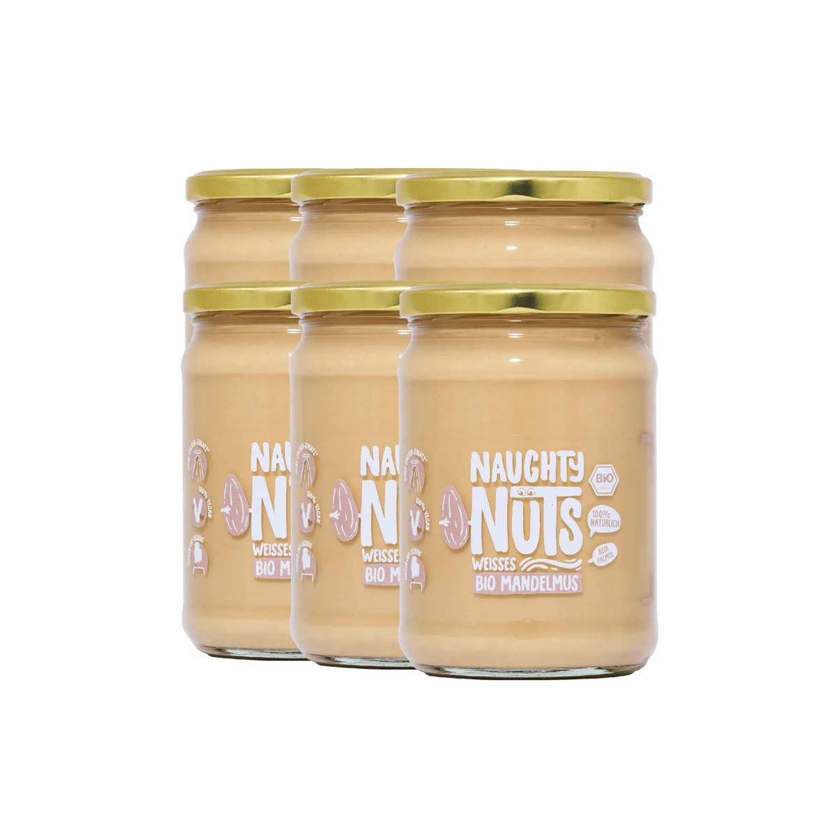 Sechs Gläser Bio Weißes Mandelmus von Naughty Nuts angeordnet in zwei Reihen