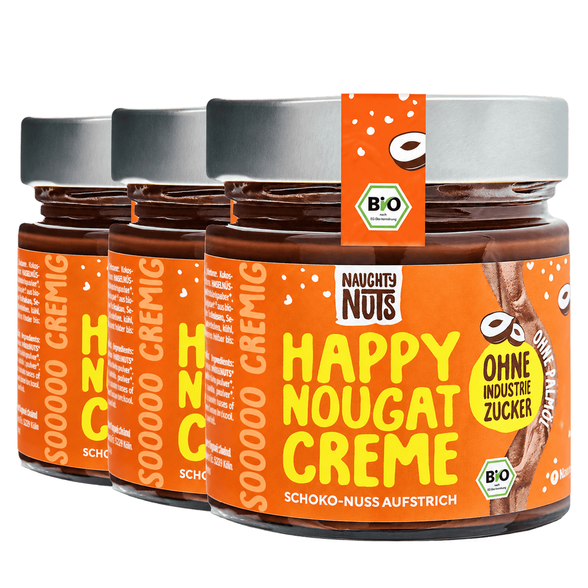 Drei Gläser Happy Nougat Creme Schoko-Nuss Aufstrich mit orangefarbenen Etiketten und silbernen Deckeln