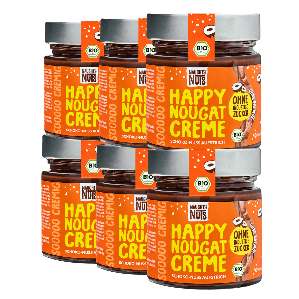 Sechs Gläser Happy Nougat Creme Schoko-Nuss Aufstrich mit Bio-Siegel und ohne Industriezucker